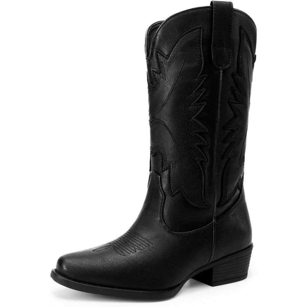 Women's Black Embroidered Stitched Chunky Mid Calf Snip Toe Heel Fashion Boot
